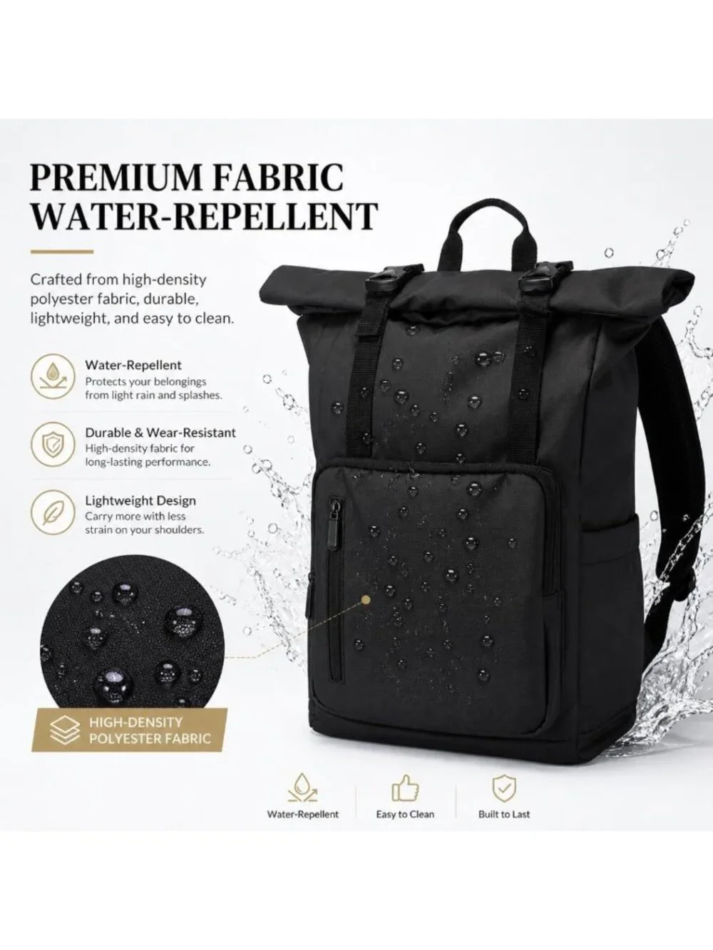 Water-Resistant Roll Top Laptop Backpack for Travel, Work & School - Fits